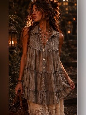 Young Threads 🌺 Boho Patchwork Tunic Top Gray Lace Tiered Sleeveless Medium